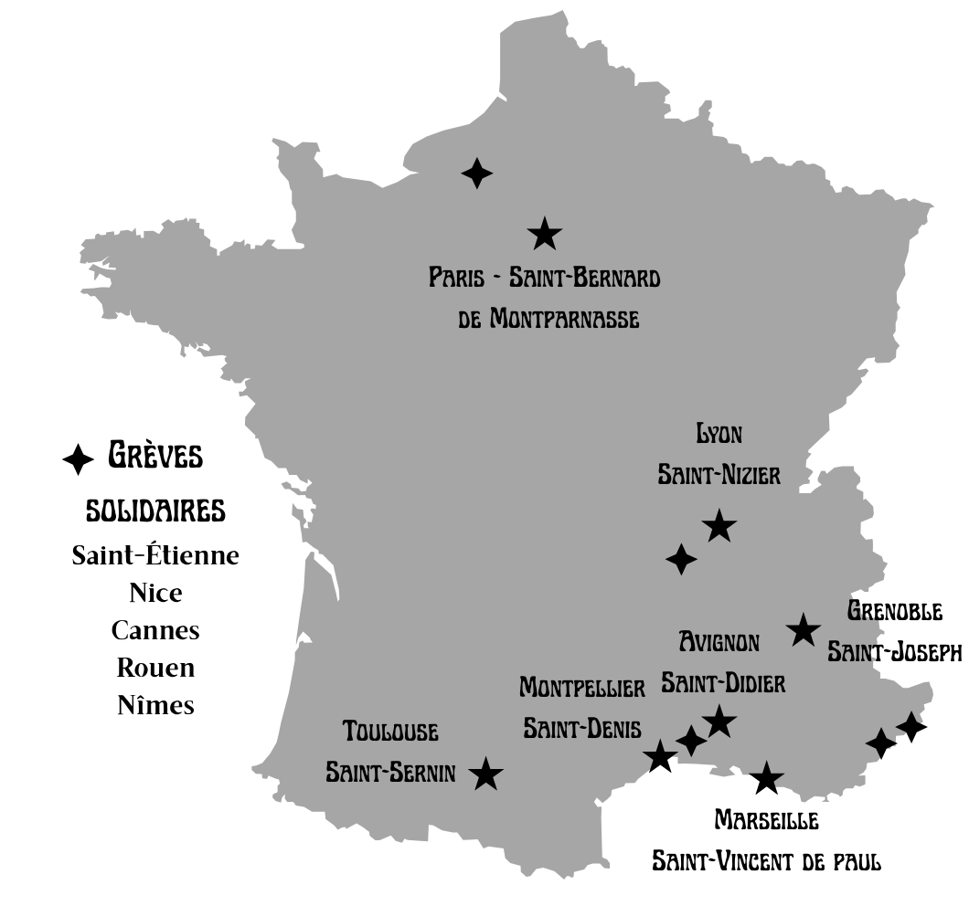 Carte de France avec une mise en valeur des différents lieux occupés et des lieux de grèves solidaires.